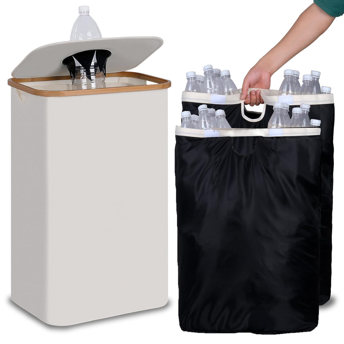 efluky Recycling Bin 100L, 26 Gallon Recycle Bins for Kitchen Indoor Outdoor Home with 2 Removeable and Reusable Inner Bag, Tall Recycle bin for Bottle Can Plastice Stickers (Beige)