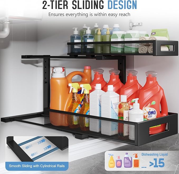 2 Pack 19IN Depth Under Sink Storage Organizer, Large 2-Tier Elegant Mesh Pull Out Shelf for Kitchen and Bathroom Cabinet Organization, L-Shaped and Adjustable Height Design-Black