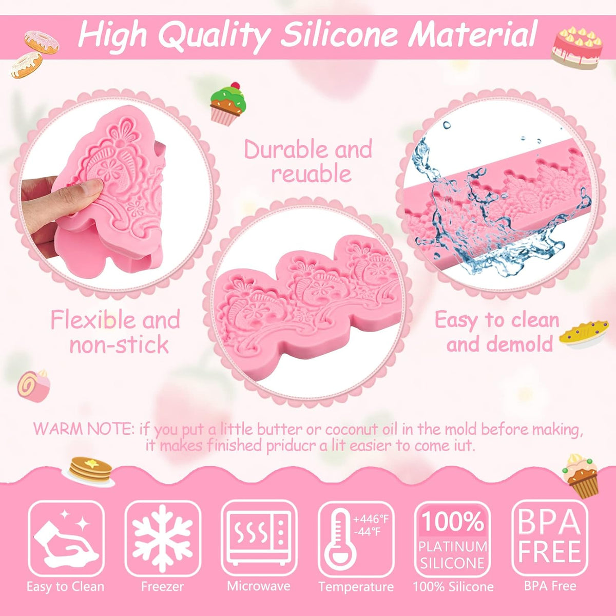 Baroque Embossed Cake Decorating Mold 3pcs, Lace Fondant Silicone Molds for Chocolate Candy Mousse Butter Biscuit Marzipan Sugar Craft Cake Border