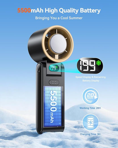 Portable Handheld Turbo Fan with Ice Cooler, 199 Speed Personal Fan,5500mAh Rechargeable,20H Cooling Time,20000 RPM Powerful Silent Motor, Summer Essential for Travel/Outdoor/Office, Black Gold
