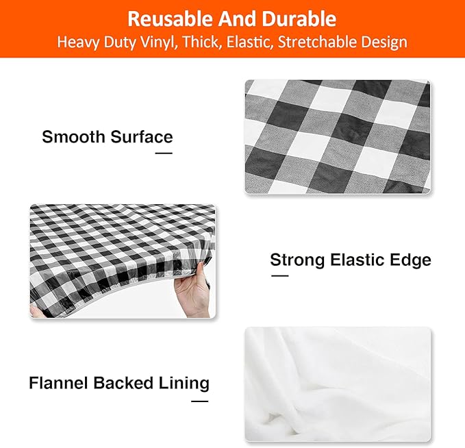 8ft Picnic Table and Bench Cover, Camping Essentials RV Gear, 96 in Waterproof Windproof Outdoor Elastic All Around Tablecloth, Fitted Rectangle Tables and Seats, Black-White Checkered