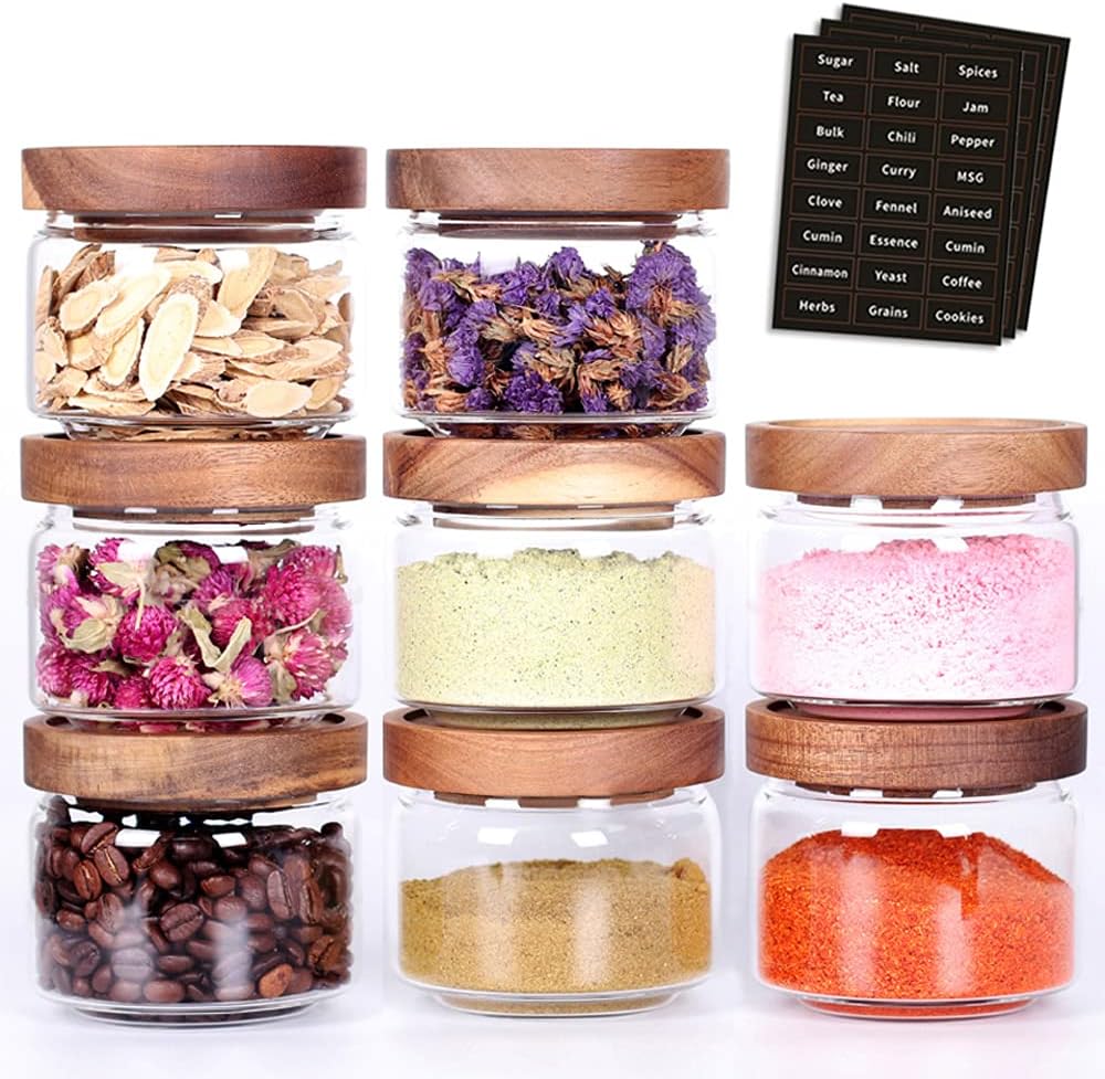8 Pcs Spice Containers - 8.5oz Glass Spice Jars With Acacia Airtight Lid and Labels - Stackable Empty Round Spice Bottles for kitchen Seasoning