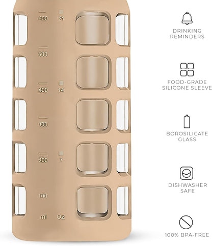 purifyou 40oz / 32oz / 22oz / 12oz Borosilicate Glass Water Bottle with Time & Volume Markers, Silicone Sleeve, Stainless Steel Lid – Reusable Glass Bottle for Water & Juice (22oz Iced Coffee)