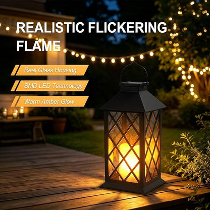 Solar Lanterns Outdoor Waterproof - 2 Pack 14" Large Hanging Solar Lantern with Glass Flickering Flame, IP65 Weatherproof Decorative Lanterns for Garden, Patio, Yard, Porch, Balcony, Gifts Mom Wife