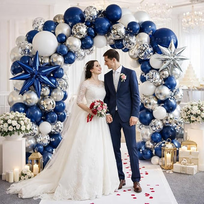 Tesochye 152 pcs Blue White Silver Balloon Garland Arch Kit,Navy Blue Silver Confetti Balloons with Exploding Star Balloons for Graduation Class of 2026 Birthday Wedding Retirement Party Decorations