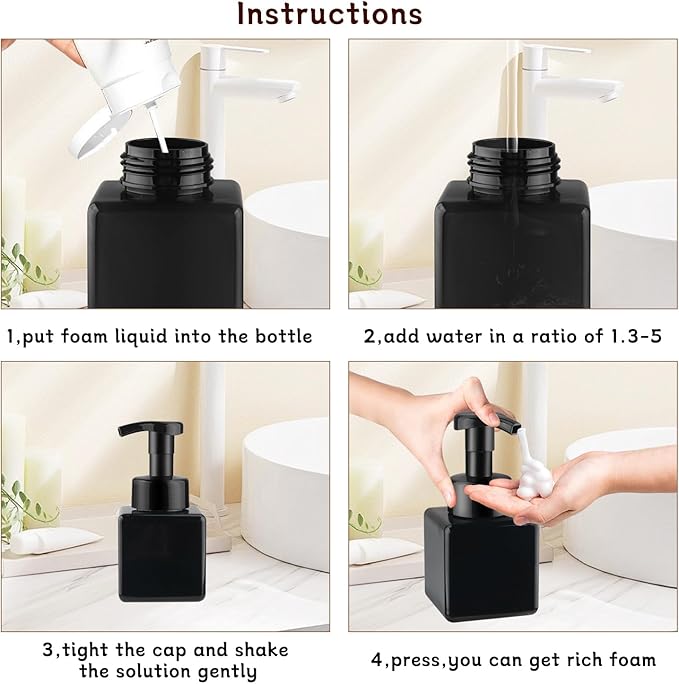 3 Pack Foaming Soap Dispenser Empty Plastic Foam Pump Bottle Refillable Foam Soap Bottle Dispenser for Shampoo Liquid Soap Face Wash (Black, 250ml/8.3oz)