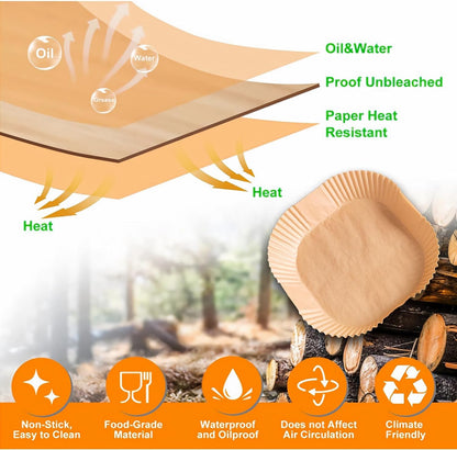 Air Fryer Disposable Paper Liner, Natural Baking Parchment Paper Air fryer liners,Thickened Oil-Proof High Temperature,for Air Fryers,Ovens,Pan and Microwaves (9inch-XL-Thick, square-Brown)