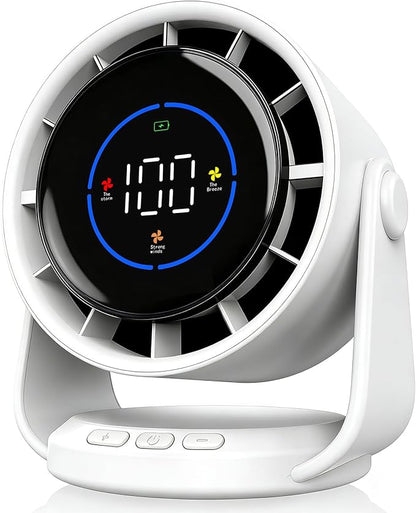 YOSHENMO Desk Fan, Turbo Table Fan for Bedroom, 100-Speed Digital Display, Low Noise, 105° Adjustable Tilt, 7.5-inch, Rechargeable Battery, Wall-Mouted Design for Home, Office, Travel Dark White