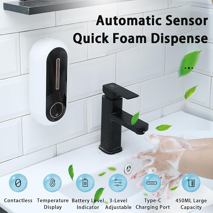Automatic Soap Dispenser, Smart Foam Soap Dispenser with Temperature Display & Long-Last Battery, 450ML Large Capacity, 3 Modes for Kitchen Sink and Bathroom, Wall-Mounted Hand Soap Dispenser (Blue)