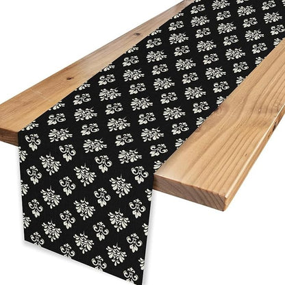 Damask Table Runner, Antique Gothic Black Floral Boho Flower Pattern Rustic Vintage Retro Coffee Table Center Decor for Kitchen and Dining Outdoor Home Country Party Table Decorations, 13"x108"