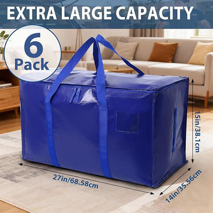 6 Pack Moving Bags Heavy Duty, Extra Large Moving Bags, Moving Supplies, Storage Bags with Handles and Zippers, Waterproof Totes for Storage Space Saving Packaging Shipping and Travel(Blue)
