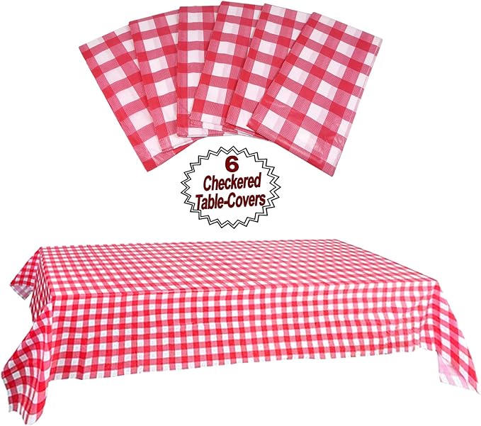 AnapoliZ Plastic Checkered Tablecloth | 6 Pcs Pack - 54” Wide x 108” Long | Red and White Picnic Disposable Table Cover | Rectangular Gingham Tablecover for Birthdays, Carnivals, Parties