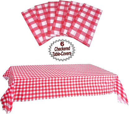 AnapoliZ Plastic Checkered Tablecloth | 6 Pcs Pack - 54” Wide x 108” Long | Red and White Picnic Disposable Table Cover | Rectangular Gingham Tablecover for Birthdays, Carnivals, Parties