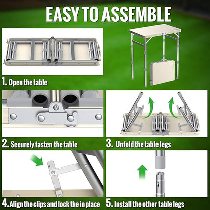 GARLLEN Waterproof Camping Table with High-Density Plastic Tabletop, Portable Folding Picnic Table with 3 Adjustable Height, Aluminum Frame Outdoor Table for BBQ, Camping, Indoor Use, 22.8"L x 15.7"W