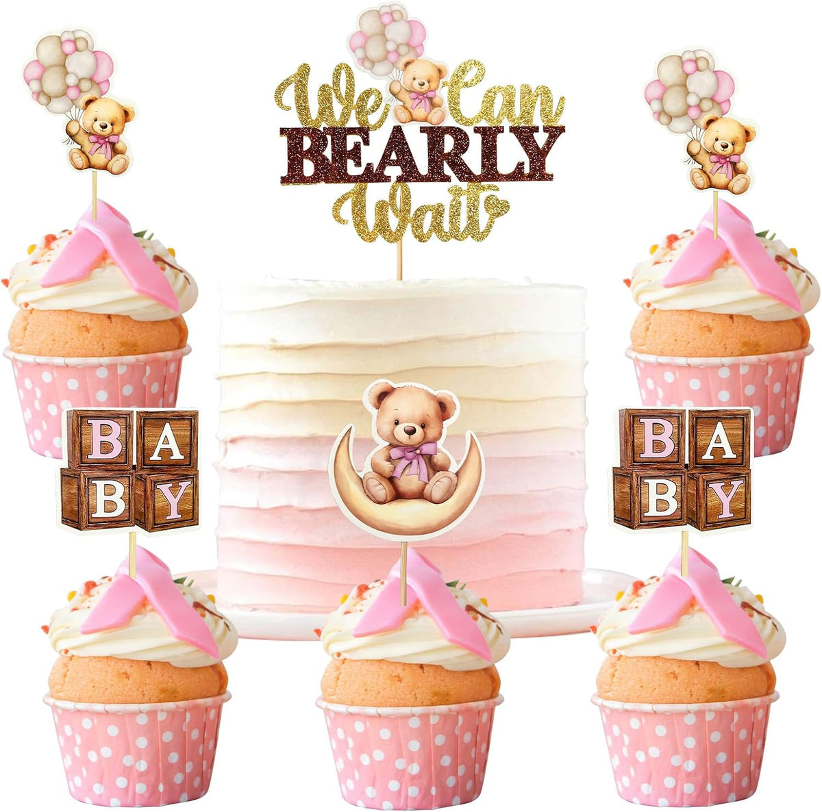 Memovan Bear Baby Shower Cupcake Toppers 25pcs We Can Bearly Wait Cake Cupcake Topper Bear Cake Cupcake Decoration for Baby Girl We Can Bearly Wait