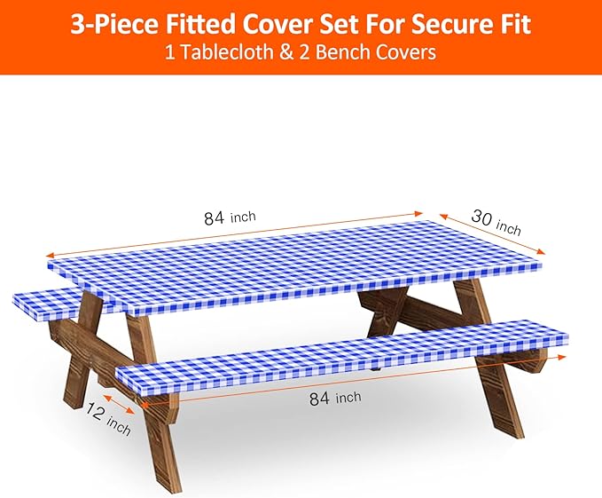 7ft Picnic Table and Bench Cover, Camping Essentials RV Gear, 84 in Waterproof Windproof Outdoor Elastic All Around Tablecloth, Fitted Rectangle Tables and Seats, Blue-White Checkered