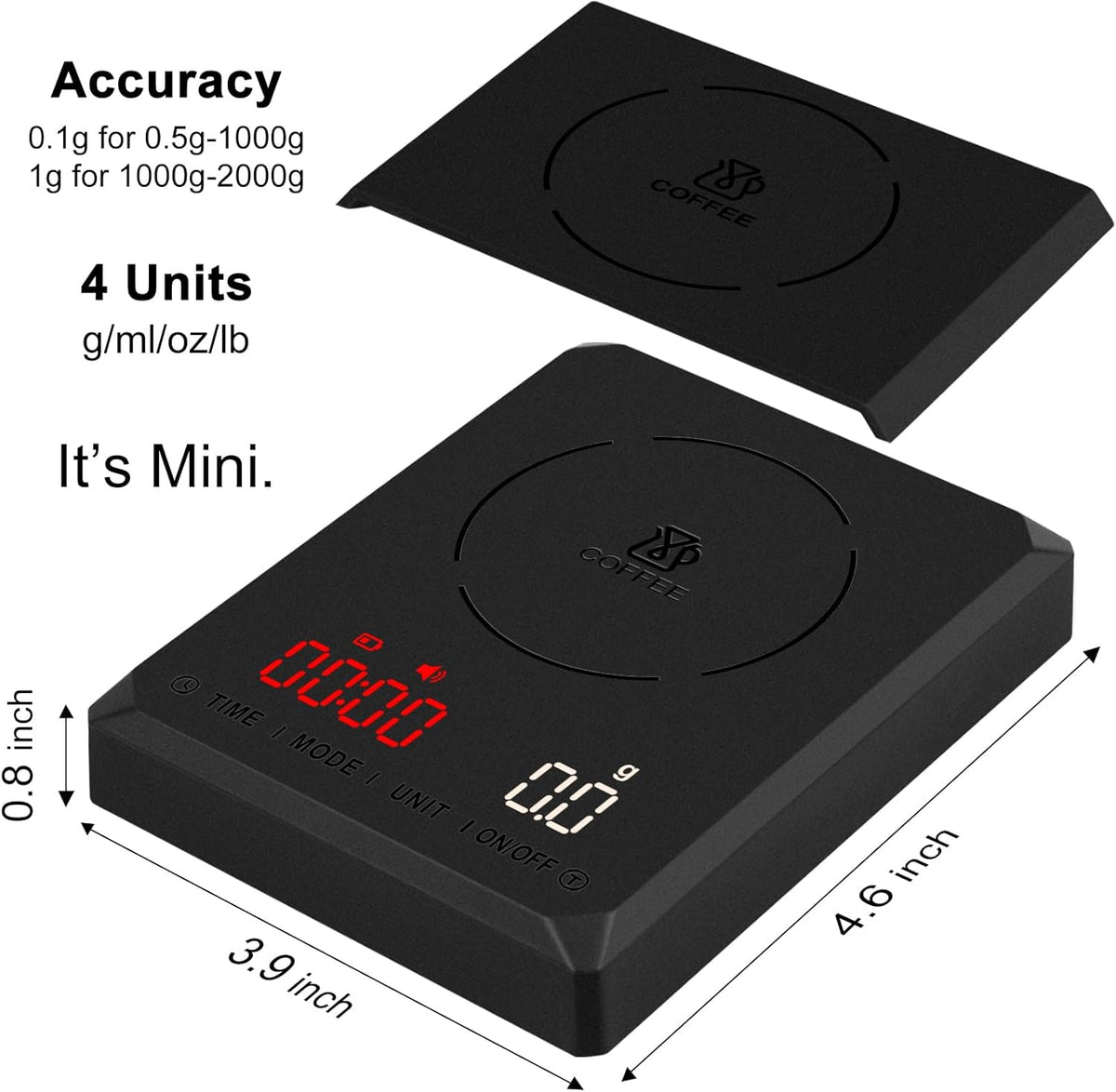 Fuzion Mini Coffee Scale with Timer - Espresso Scale Rechargeable 2kg x 0.1g Accuracy, 3-Mode Timer, LED Display, Digital Coffee Scale for Pour-Over