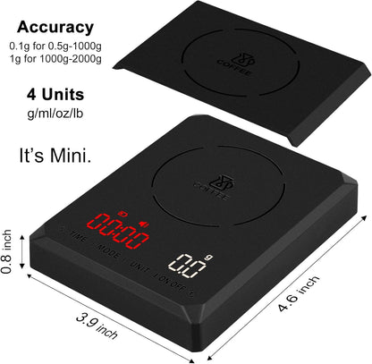 Fuzion Mini Coffee Scale with Timer - Espresso Scale Rechargeable 2kg x 0.1g Accuracy, 3-Mode Timer, LED Display, Digital Coffee Scale for Pour-Over
