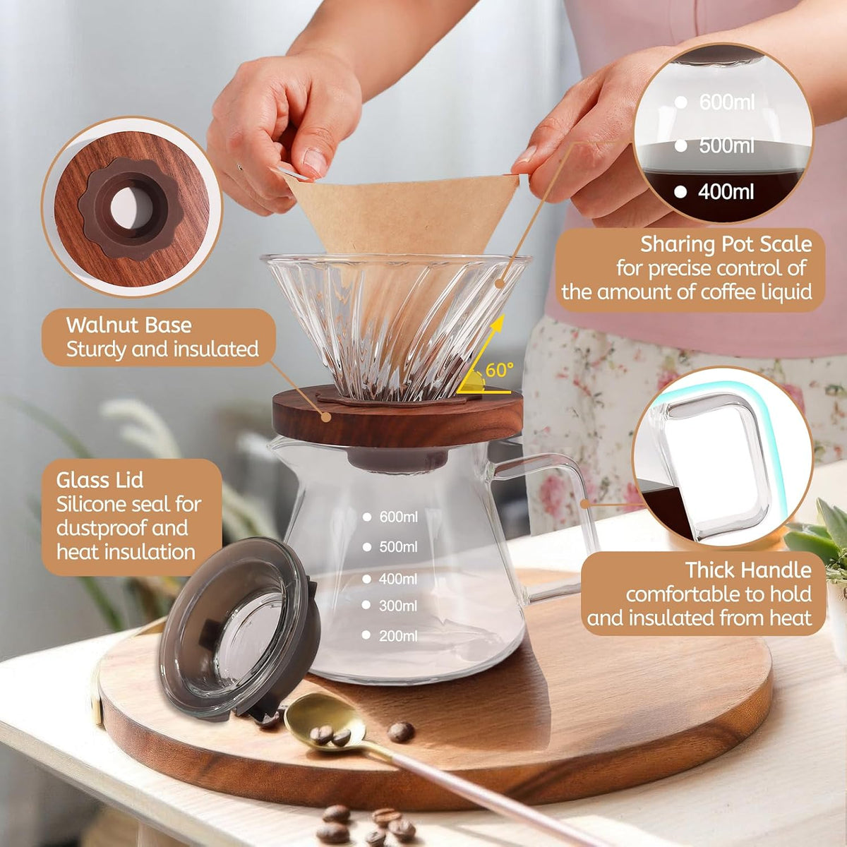 Pour Over Coffee Maker 600ml Borosilicate Glass Drip