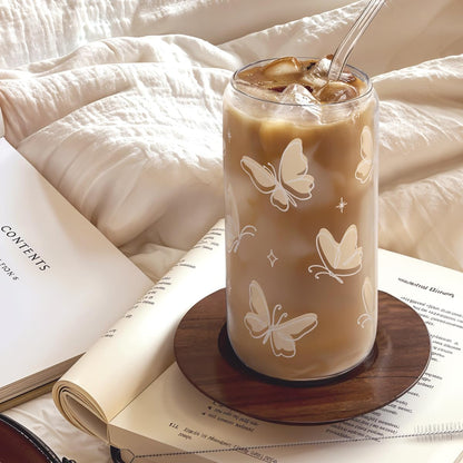 Sandjest Butterfly Glass Can, Iced Coffee Aesthetic,Cup, Gifts for Christmas Birthday, Gift for Women Girls, 16oz