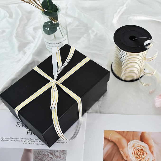 TONIFUL Curling Ribbon-White Gold Balloon Curling Ribbons-250 Yards Balloon String for DIY Decor,Gift Wrapping,Ribbons and Bows for Christmas New Year Birthday Gifts Graduation Supplies