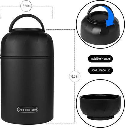 Thermo for Hot Food & Drinks, Thermo Lunch Box, 17oz Vacuum Insulated Food Container with Spoon&Drawstring Bag, Soup Thermo for Adults, Black