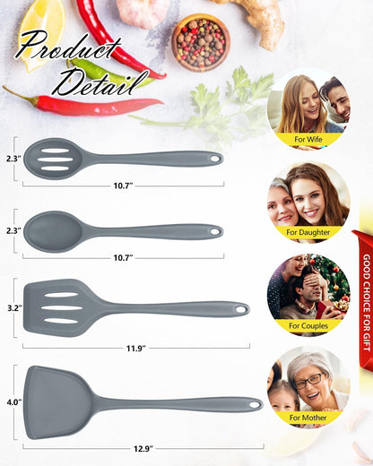 4 Pcs Silicone Kitchen Utensils Set, Wok Spatulas-Slotted Turner-Cooking Spoon-Slotted Spoon