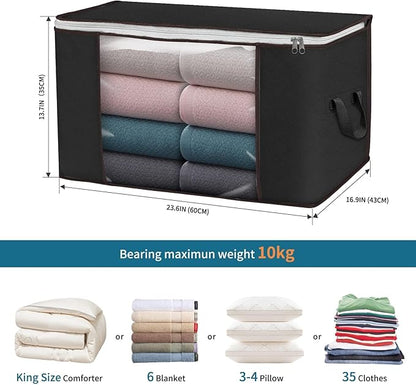 Budding Joy 90 L Large Storage Bags, 10 Pack Clothes Storage Bins Foldable Closet Organizers Storage Containers with Reinforced Handle for Clothing, Blanket, Comforters, Bed Sheets, Pillows (Black)