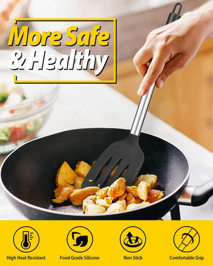 Pack of 4 Silicone Cooking Utensils Set, Non Stick Large Solid Spatulas, Heat Resistant Black Slotted Spoons