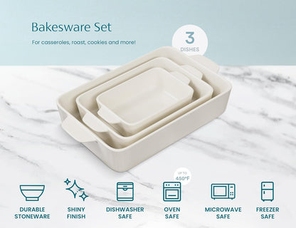Kook Casserole Dish, Ceramic Baking Dish, Large Lasagna Pan Deep for Oven, 8.5 x 14, 11 x 7, 8 x 5, Set of 3, 92oz, 50oz, 20oz, Baking Pan with Handles, Oven Safe and Durable, Home, Gift, (Cream)