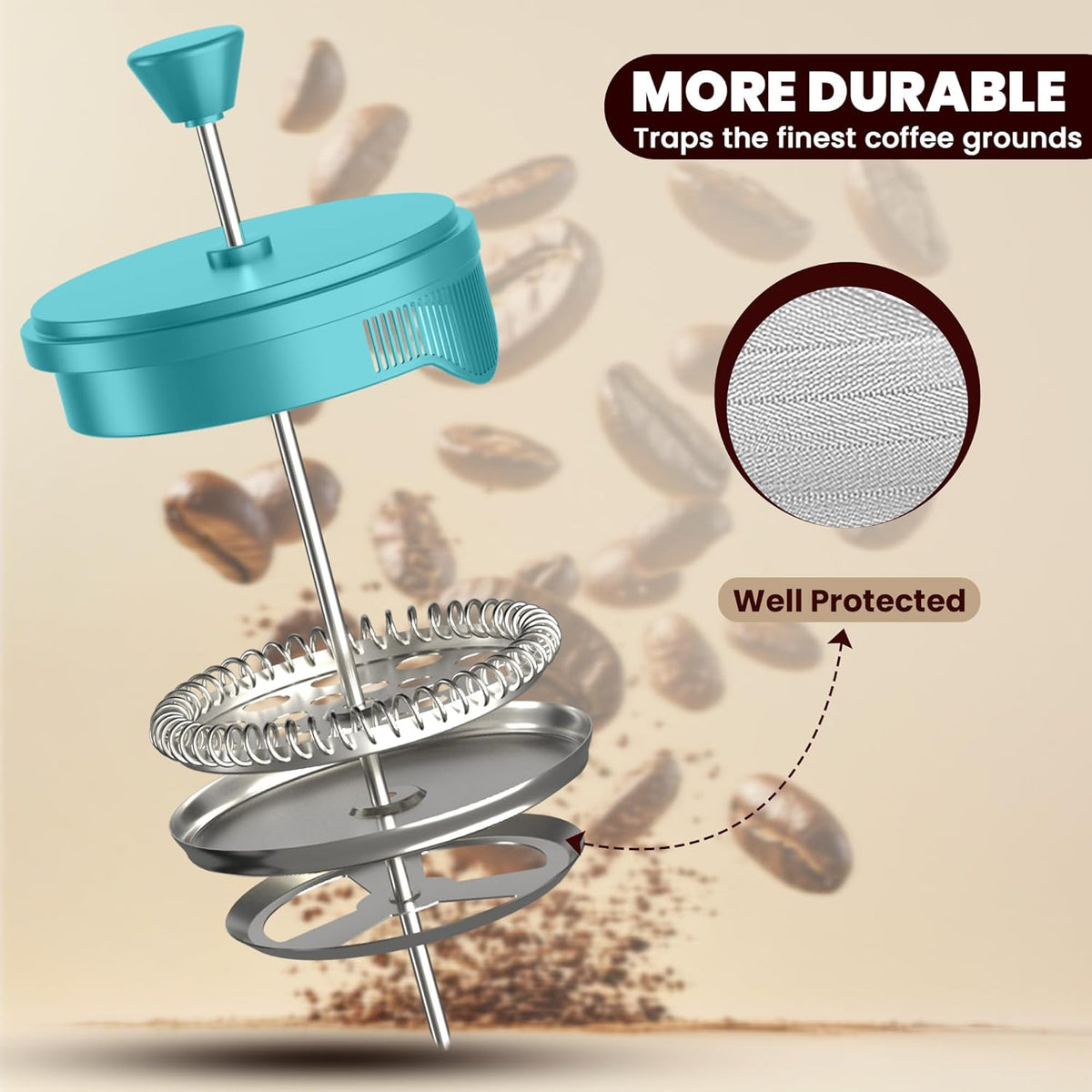 Utopia Kitchen French Press Espresso and Tea Maker with Triple Filters, Stainless Steel Plunger and Heat Resistant Borosilicate Glass (Aqua, 12-oz (Pack of 1))