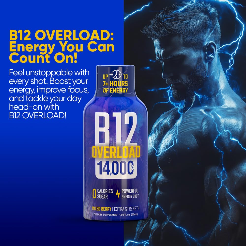 B12 Overload Extra Strength Energy Shot – Mixed Berry – 260mg Caffeine, 14000% B12, Electrolytes – Energy & Vitality Support