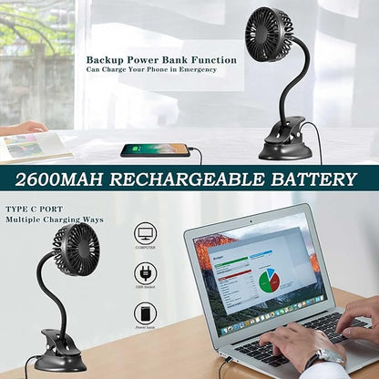Clip On USB Mini Desk Fan with Emergency Power Bank, Battery Operated Rechargeable Portable Fan - Flexible Neck, 3 Speed Personal Cooling for Car, Camping, Office, Dorm, Beach - Black