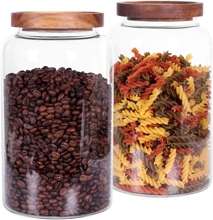 Large Glass Jar with Airtight Lid Set of 2 93 FL OZ(2750ml) glass canister set, Glass Food Containers Wooden Lid Suit for Kitchen Pantry for Flour, Tea, Coffee Beans, Sugar, Cookies(8.8 inch high)