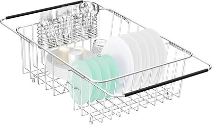 Large Dish Drainer Rack in Sink Adjustable, Expandable 304 Stainless Steel Metal Dish Drying Rack Organizer with Stainless Steel Utensil Holder Over Inside Sink Counter, Rustproof