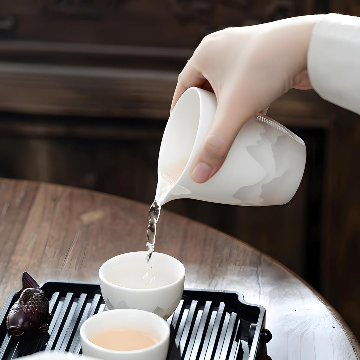 ICHAG Chinese Tea Set, Gongfu Tea Sets for Adults, China Gaiwan Teaset, 14-Piece Yangzhi Jade (茶具) Porcelain Set with Suspended Gaiwan & Tea Pet, Portable Travel Teaset for Home, Outdoor, Office Gifts