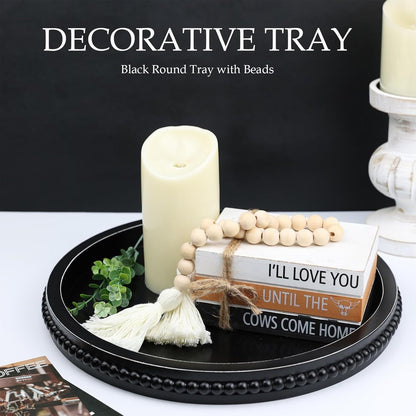 Round Black Wood Serving Tray with Beads, Wooden Decorative Tray for Entertaining, Decoration, and Gifting