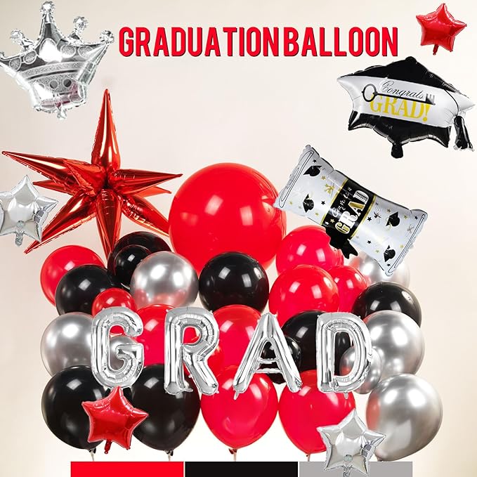 Black red and silver Balloon Garland Arch Kit 130Pcs with red and Silver Stars Graduation Certificate Graduation Cap crown GRAD Letters Mylar Balloons for 2026 GRAD Prom Decorations