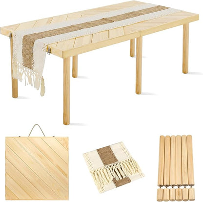 Folding Picnic Table with Table Runner, Portable Boho Low Picnic Table for Indoor Outdoor, 44" x 22" Wooden Table with Adjustable Heights for Camping, Wedding, Beach, Garden, Party(Small Size for 4)