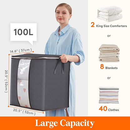 Lifewit 3 Pack 100L Clothes Storage Bins with Lids, Foldable Blanket Storage Bags with Zippers, Clear Window and Reinforced Handles, Closet and Organization for Clothing, Sweater, Comforter, Bedding