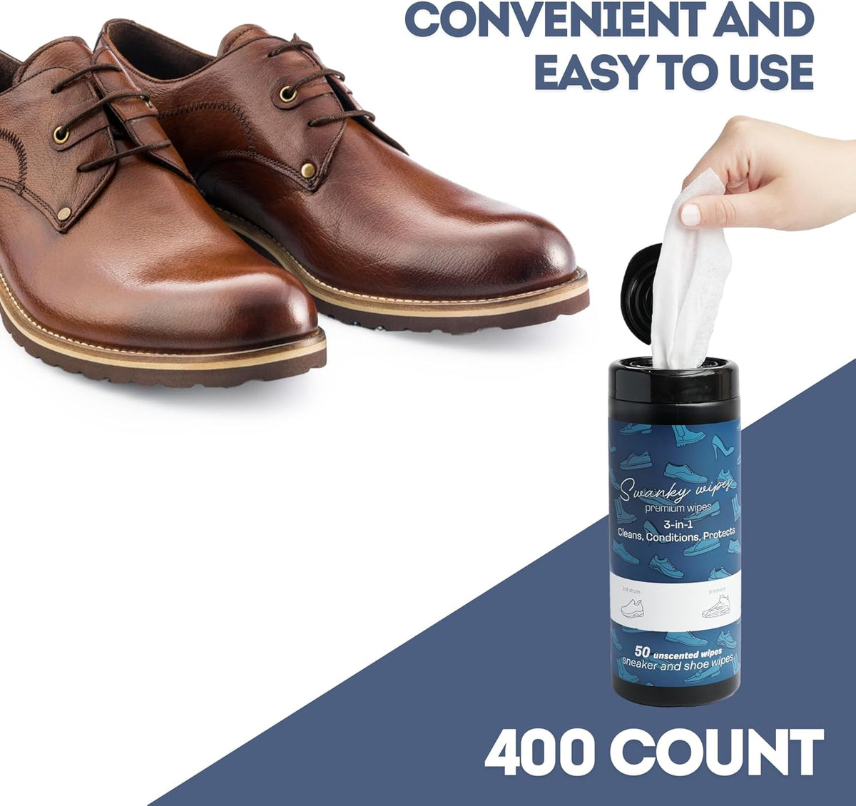 Swanky Shoe Cleaner Wipes - Leather and Sneaker Cleaner, Removes Dirt, Grime and Stains, Quick & Easy Shoe Sole and Boot Cleaning Wipes, Essential Shoe Cleaning Supplies - Canister, 400 Count