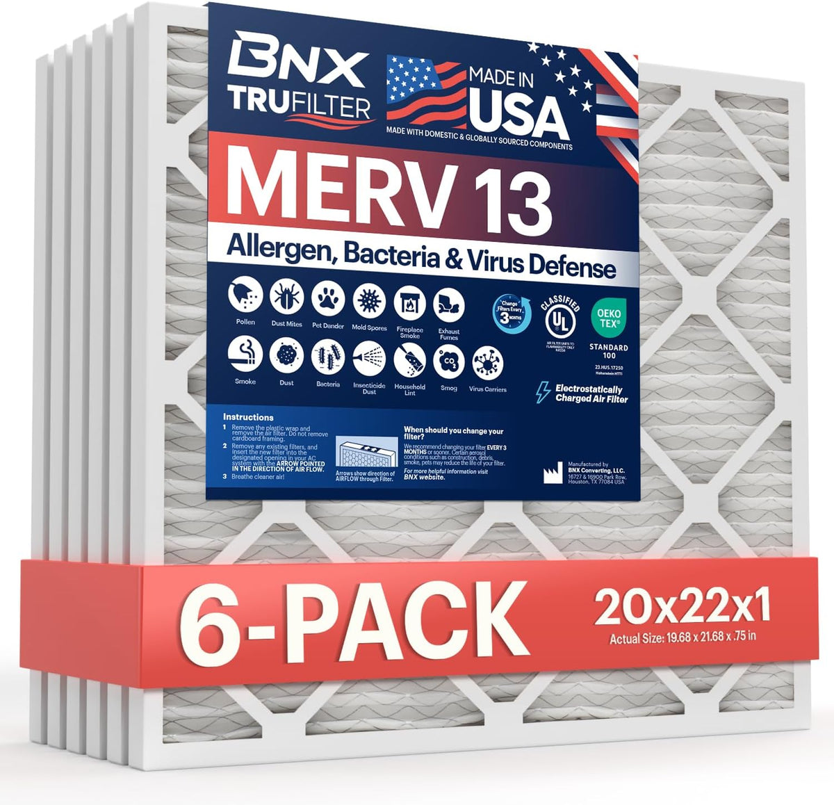 BNX TruFilter 20x22x1 Air Filter MERV 13 (6-Pack) - MADE IN USA - Electrostatic Pleated Air Conditioner HVAC AC Furnace Filters for Allergies, Pollen, Mold, Bacteria, Smoke, Allergen, MPR 1900 FPR 10
