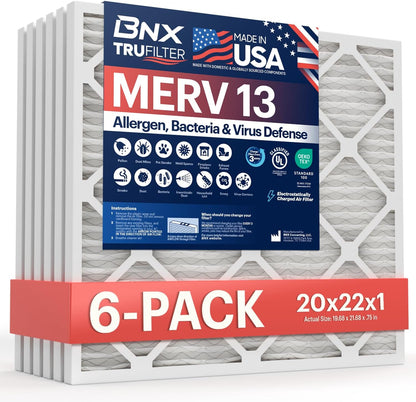 BNX TruFilter 20x22x1 Air Filter MERV 13 (6-Pack) - MADE IN USA - Electrostatic Pleated Air Conditioner HVAC AC Furnace Filters for Allergies, Pollen, Mold, Bacteria, Smoke, Allergen, MPR 1900 FPR 10