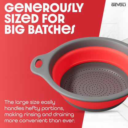 Strainer with Self-Draining Base (5QT) Over-Sink Collapsible Kitchen Colander Set with Side-drain Base for Pasta Vegetables and Fruit, XL Large Capacity, Dishwasher Safe (5-Quart) Red/Gray