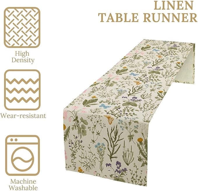 Vintage Wildflower Table Runner,Spring Floral Herbs Botanical Summer Butterfly Print Table Runner for Kitchen Dining Table Home Party Decor 13x120in