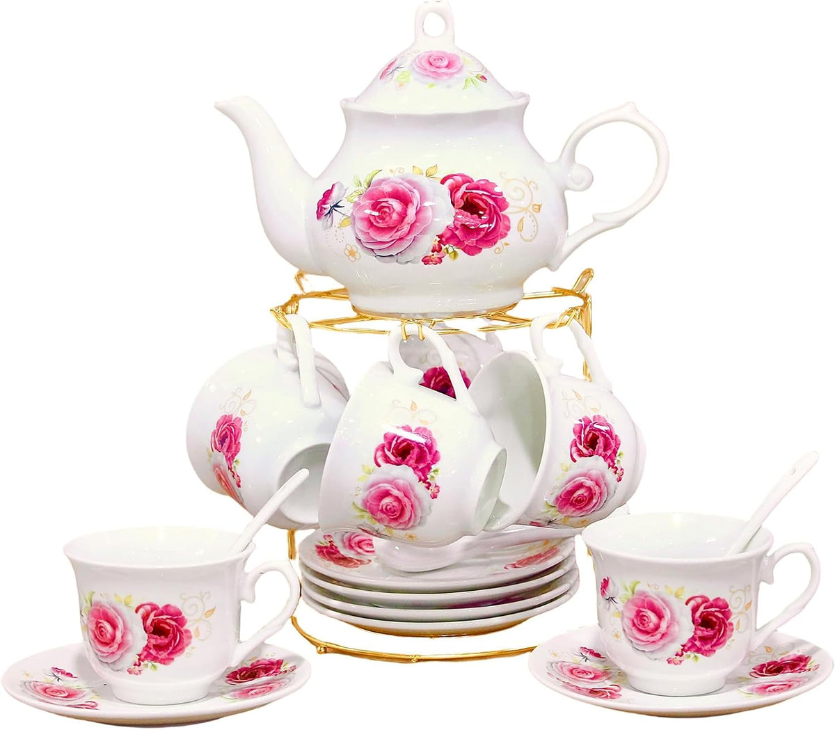 20-Pieces Porcelain Tea Sets For Women, Tea Set For Adult with Golden Metal Rack,Tea Gift Sets for Home&Party(014)
