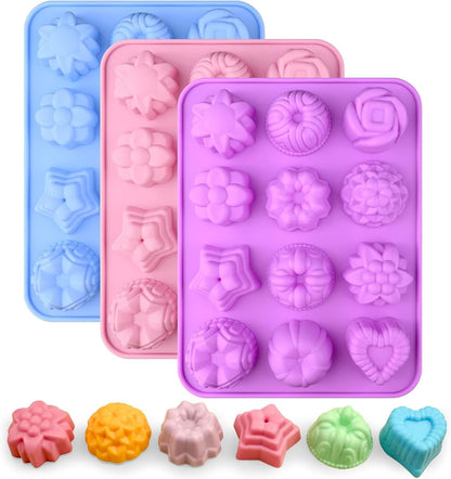 Sakolla 3 Pack Flower Molds Silicone, 12 Cavities Different Shapes Silicone Molds for Chocolate, Cupcake, Candy, Jelly, Ice Cube, Muffin (Pink