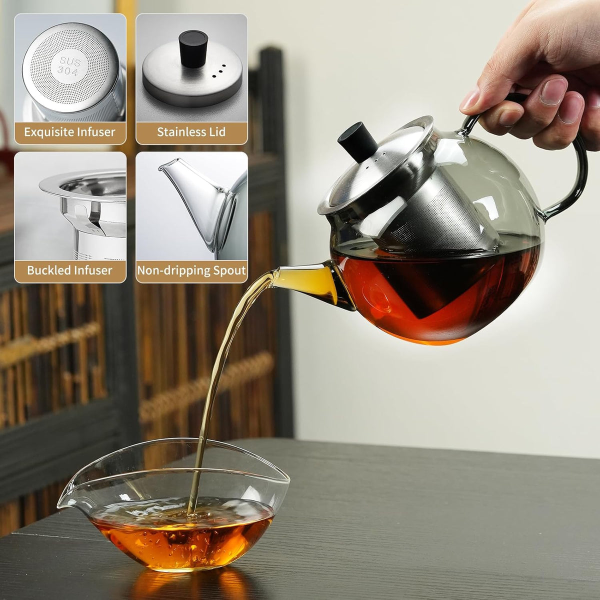 28OZ Glass Teapot with Infuser Stovetop Safe, 800ml Borosilicate Glass Kettle Tea Pot with Infusers tea infuser pot for loose leaf tea, tea Maker brewer, Dishwasher Safe, tetera para te(Dark Gery)