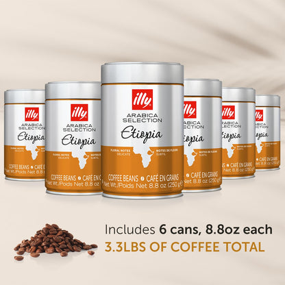 illy Arabica Selections, Ethiopia Whole Bean Coffee, 100% Arabica, Single Origin, Light Roast with Notes of Jasmine, All-Natural, No Preservatives, 8.8 Ounce Can (Pack of 6)