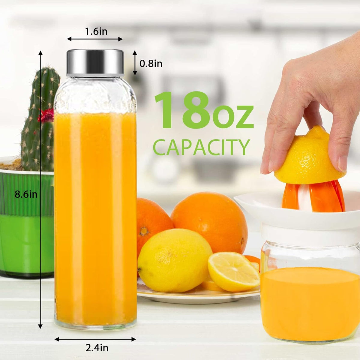 18 oz Clear Glass Water Bottles with Lids, Reusable Glass Juice Bottles with Stainless Steel Cap for Juicing, Refrigerator,100% Leak Proof, BPA Free